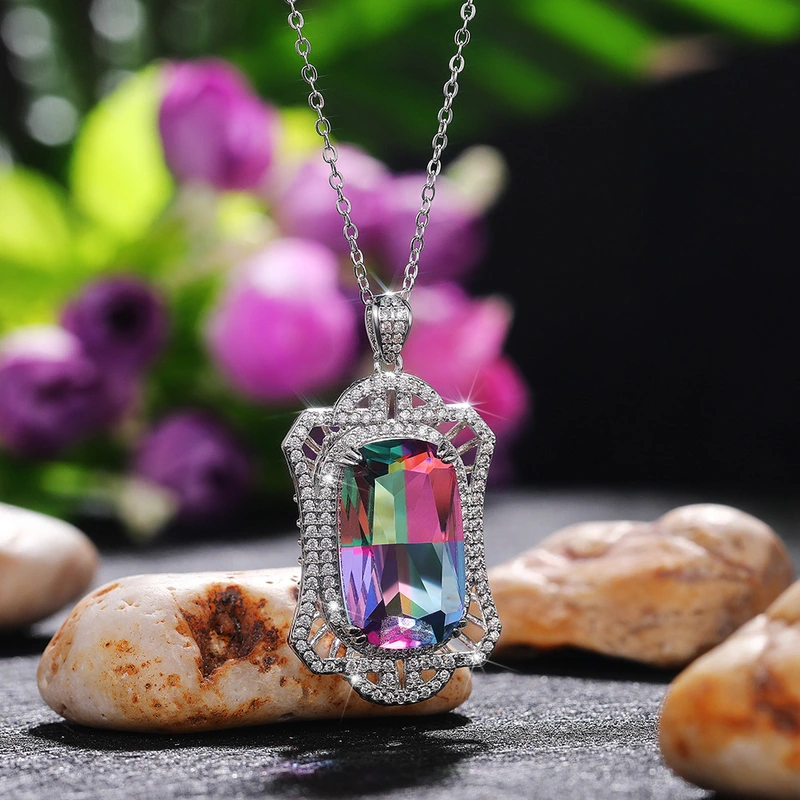 Luxury colored tourmaline pendant hollow palace style gradient color zircon necklace Mother's Day gift
