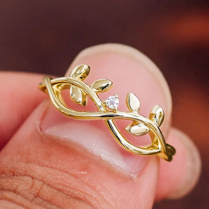  Simple vine leaf design single ring fashion inlaid zircon ring female fresh and sweet style ring