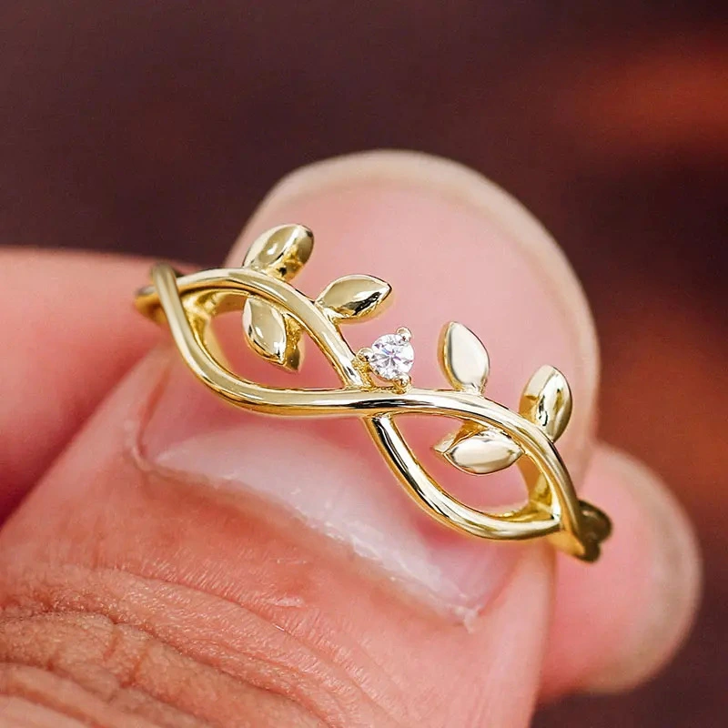  Simple vine leaf design single ring fashion inlaid zircon ring female fresh and sweet style ring