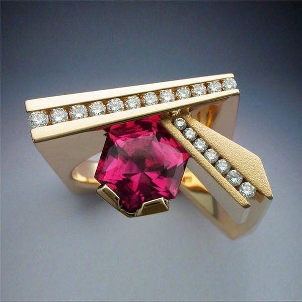 Hot selling new unique geometric men's ring copper plated gold micro inlaid red zircon ring