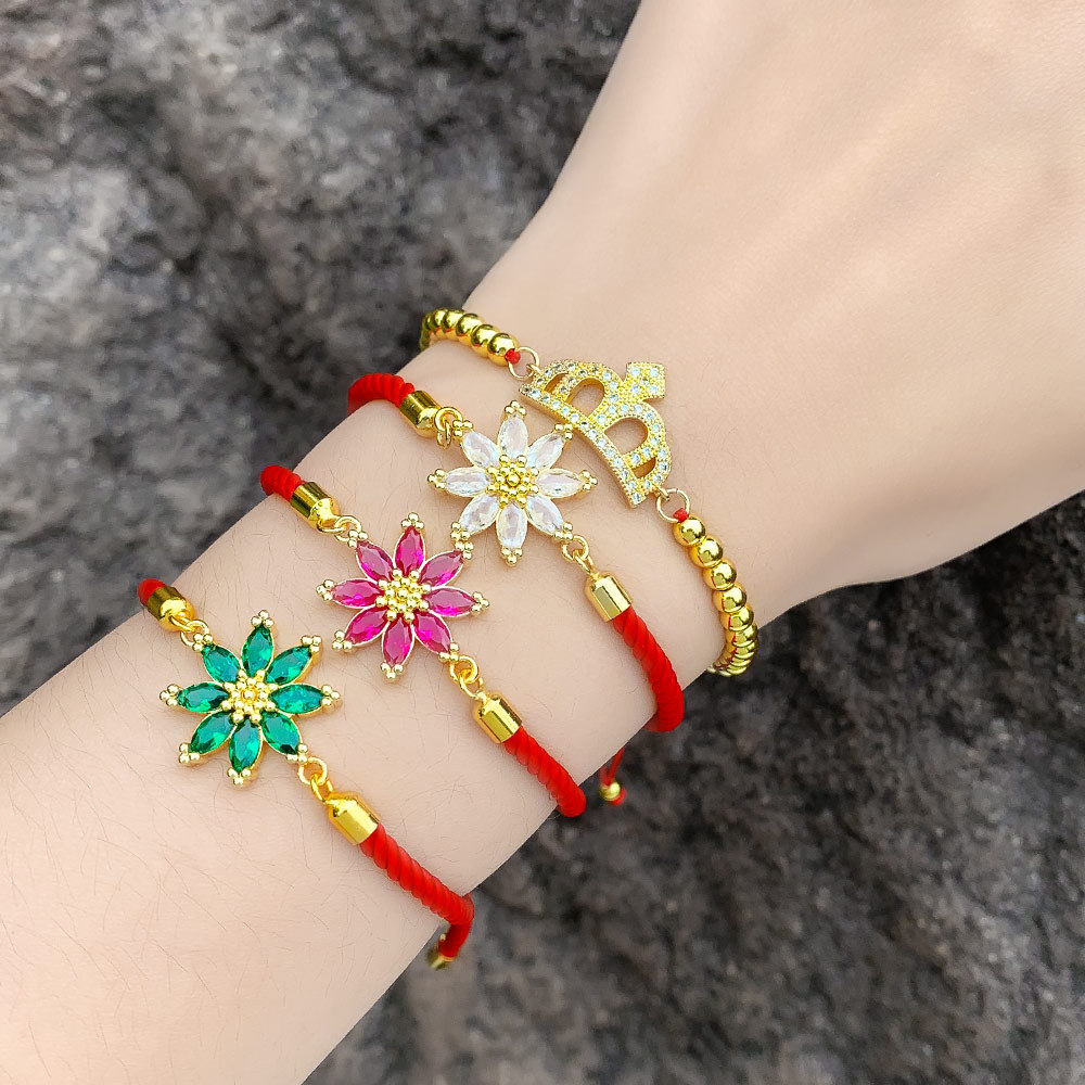 Hot selling zircon flower bracelet women's simple niche design personality adjustable red rope bracelet brk21
