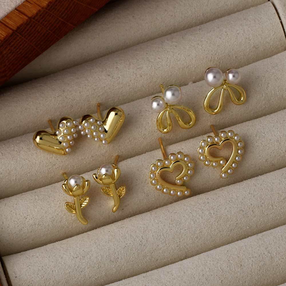 AS jewelry niche design pearl heart flower earrings women's gold-plated earrings ert07