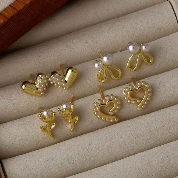 AS jewelry niche design pearl heart flower earrings women's gold-plated earrings ert07