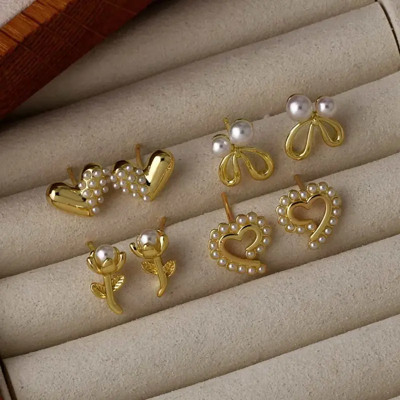 AS jewelry niche design pearl heart flower earrings women's gold-plated earrings ert07