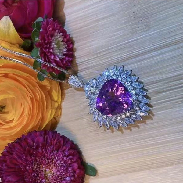 Luxury Heart-Shaped Amethyst Pendant for Women, Ruili Magazine Style Colored Gemstone Imitation Amethyst Necklace