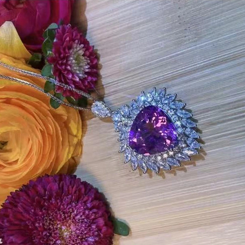 Luxury Heart-Shaped Amethyst Pendant for Women, Ruili Magazine Style Colored Gemstone Imitation Amethyst Necklace