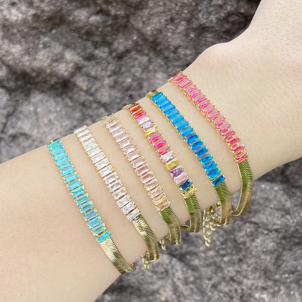 Blade chain bracelet fashionable simple flat snake bone chain European and American niche colored zircon bracelet female jewelry brh83