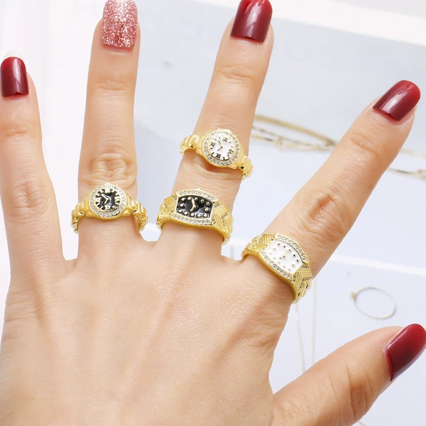 AS jewelry hot selling copper plated 18k gold drop oil watch clock open ring ring female riq50