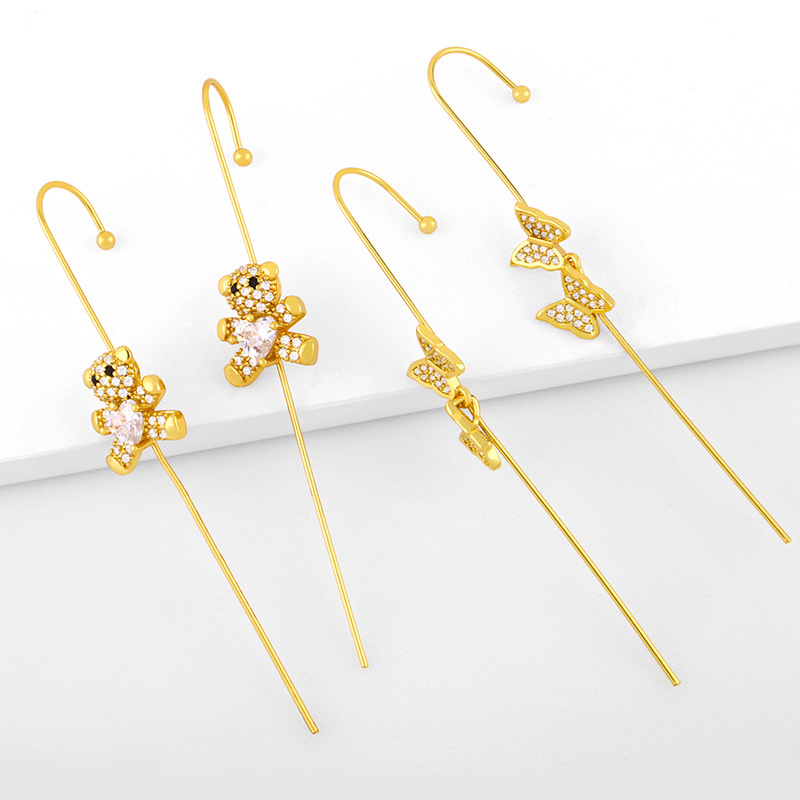 Clearance European and American trendy personality piercing zircon earrings ear hook butterfly love bear net celebrity earrings female erw91