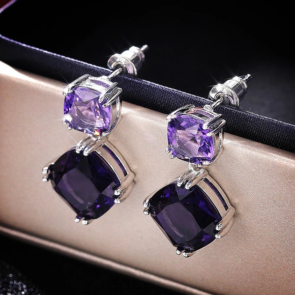 2021 new earrings hot sale temperament mysterious purple square zircon earrings European and American earrings wholesale