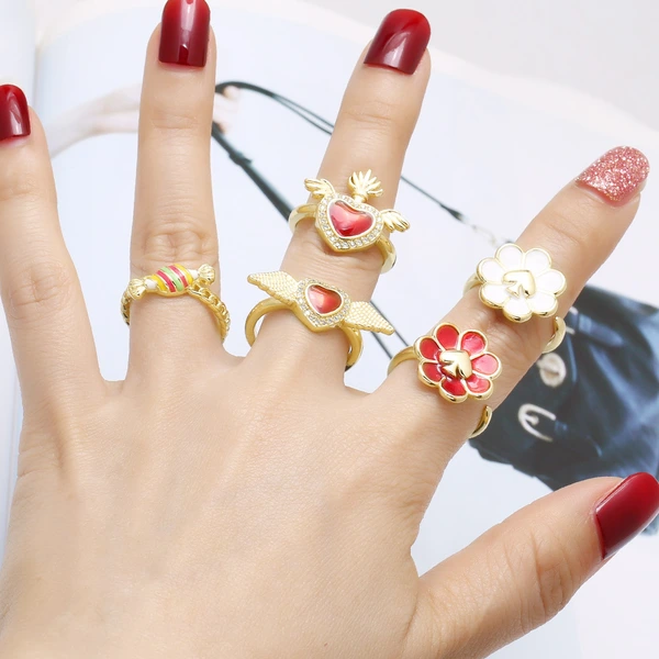 AS jewelry European and American hot-selling copper-plated real gold love wings flower oil drop open ring female riq90