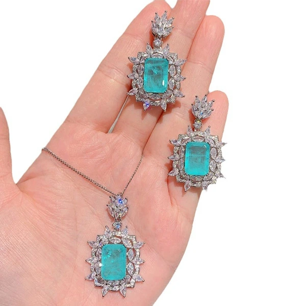 European and American popular imitation jewelry luxury retro shining colored gem pendant blue green necklace earring set