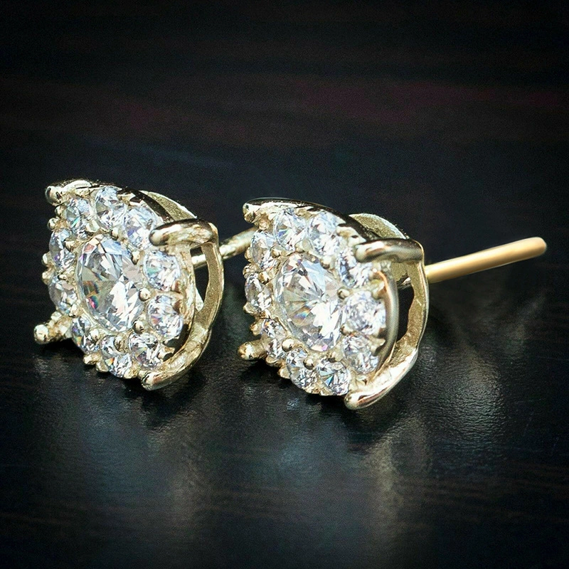 Fully inlaid zircon earrings popular hip-hop four-claw round earrings simple commuting all-match female earrings