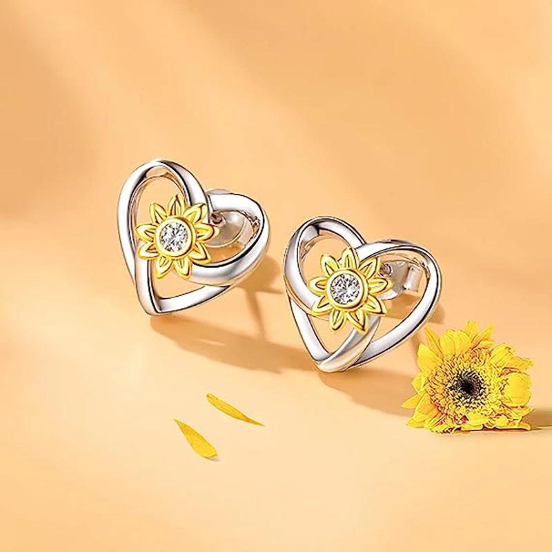  Japanese and Korean heart-shaped earrings, sunflower and sunflower two-color micro-inlaid earrings, elegant hollow design earrings