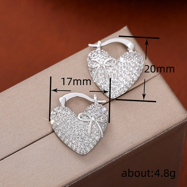    Hot selling earrings with full inlay, fashionable and elegant bow heart earrings, light luxury women's earrings