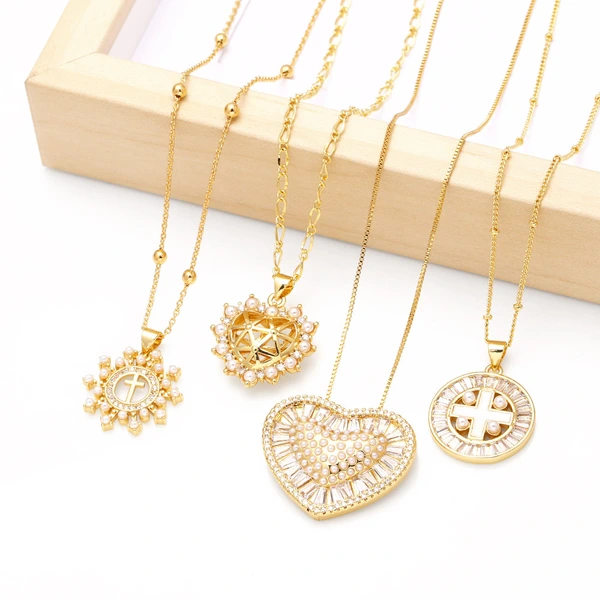 Jewelry European and American love pearl cross pendant necklace gold-plated zircon clavicle chain nkb146