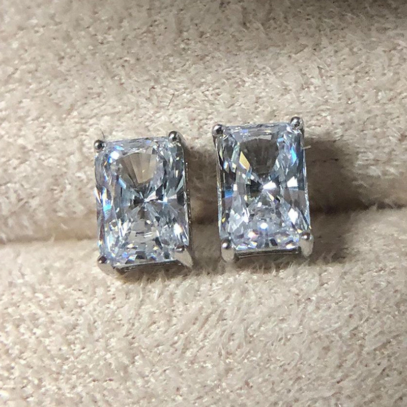 2021 new earrings classic four-claw square diamond zircon earrings copper plated white gold simple earrings