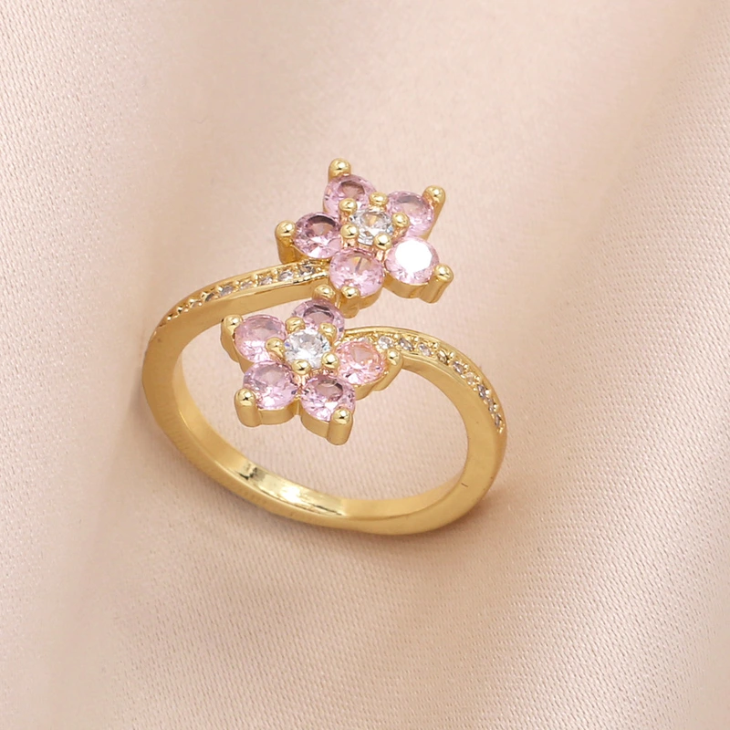 AS jewelry ring flower colored zircon ring copper plated real gold adjustable ring rin38