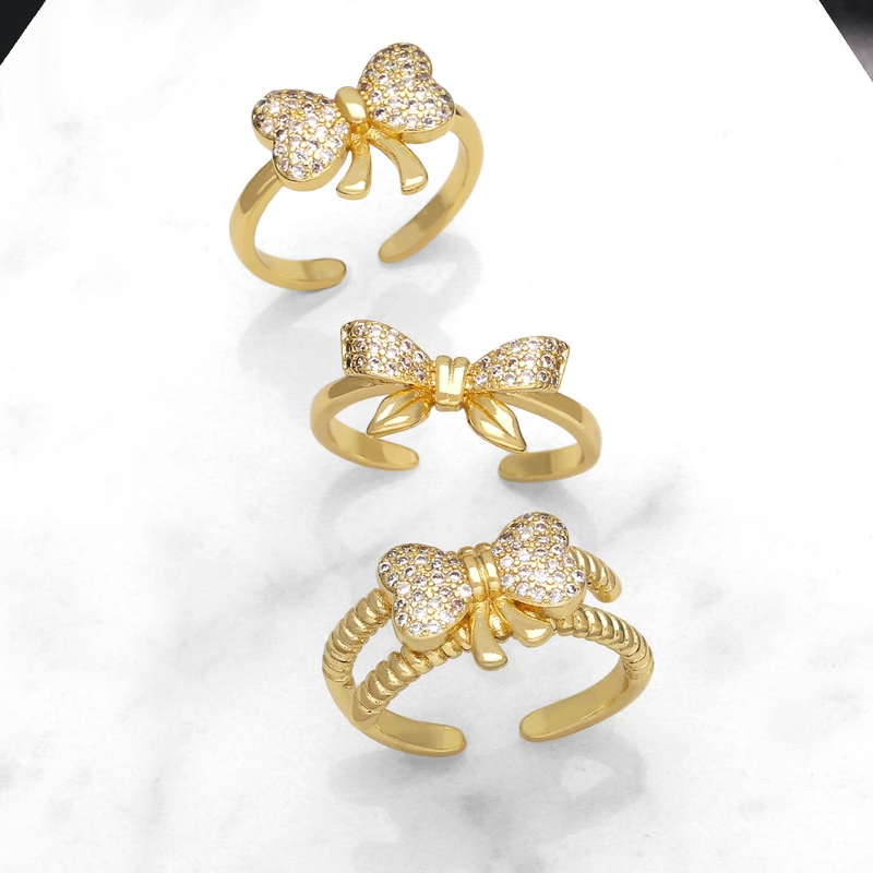 Clearance hot sale bow ring women's inlaid zircon gold-plated double layer open ring ring rip63