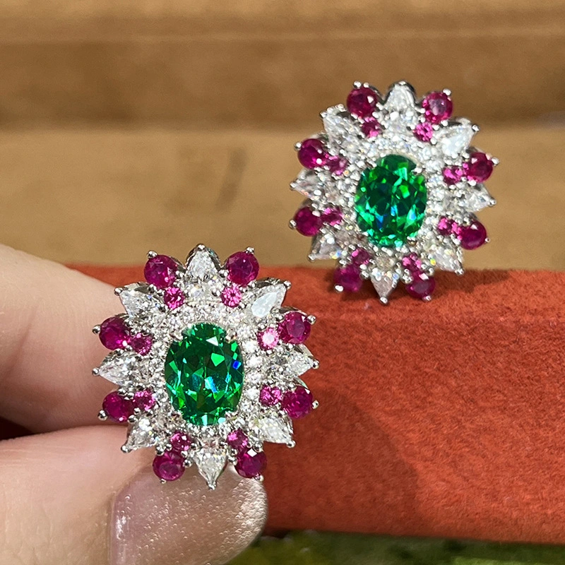 Hot selling luxurious and colorful earrings for women with flower geometric design and eye-catching oval zircon style