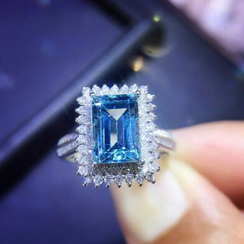 Hot selling luxury square full diamond inlaid sea blue zircon ring luxury bridal ring