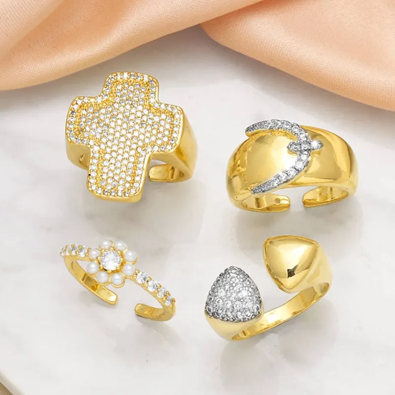 AS jewelry European and American new diamond cross open ring female gold-plated pearl flower ring rih86