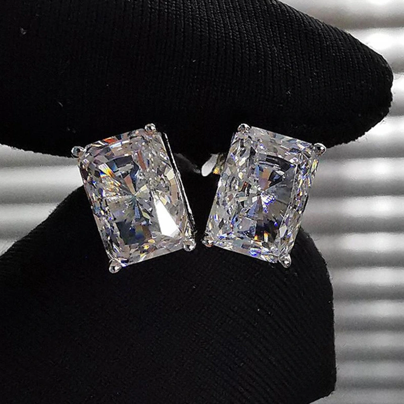 2021 new earrings classic four-claw square diamond zircon earrings copper plated white gold simple earrings