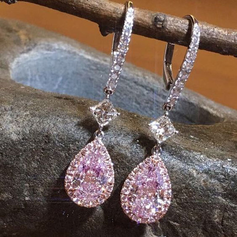Super shiny pink zircon teardrop earrings new exquisite crystal earrings high-end fashion pear-shaped earrings