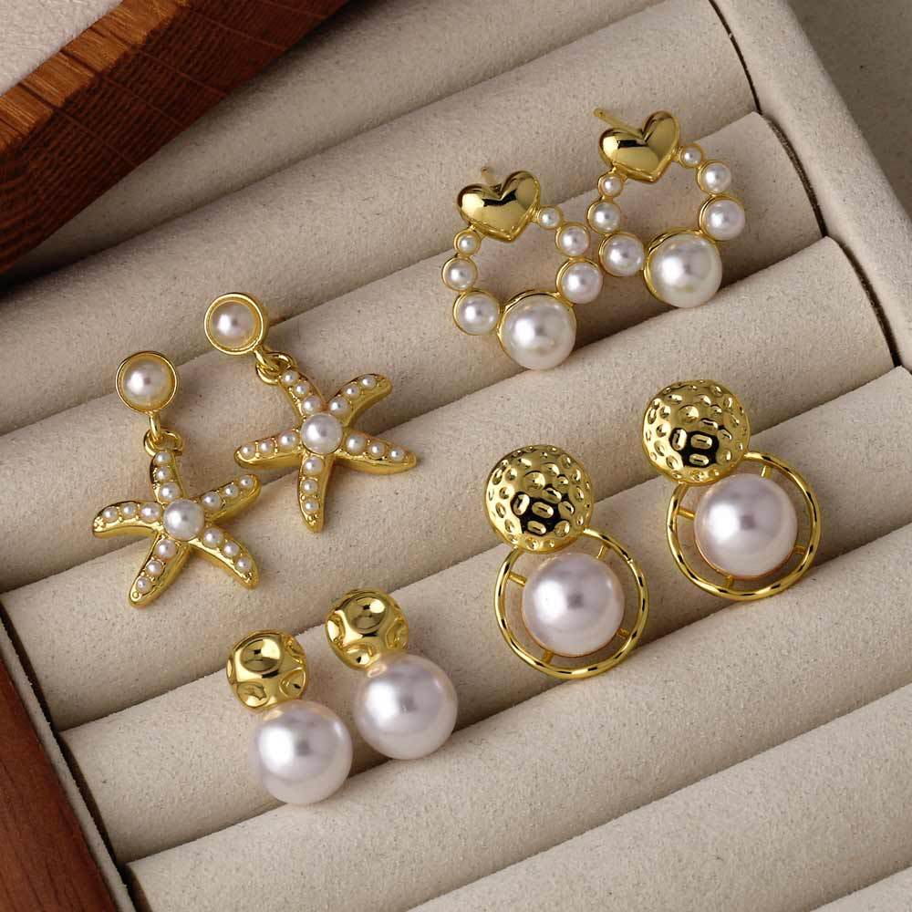 AS jewelry high-end pearl starfish heart copper plated real gold earrings earrings earrings era126