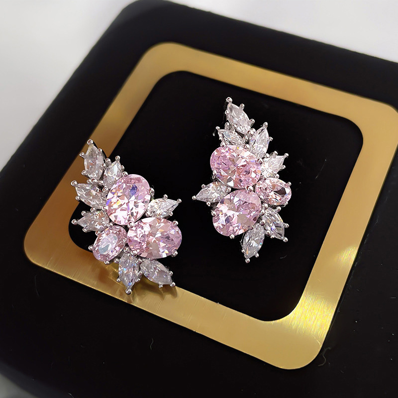 Giant glitter cherry blossom pink flower earrings for women hot sale sweet zircon earrings gentle temperament female earrings