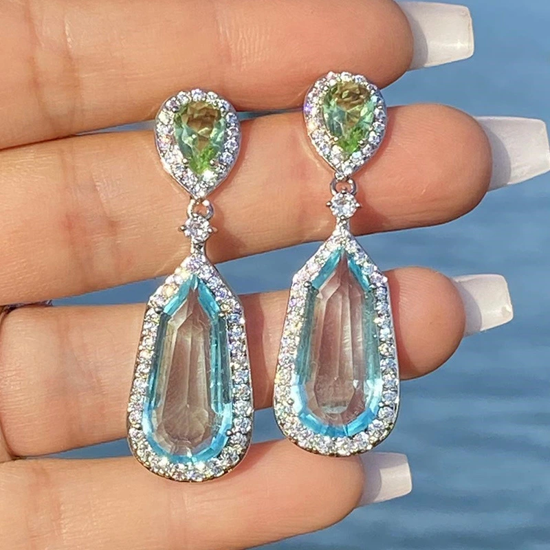 New earrings niche design sea blue zircon wedding earrings chic bridal evening earrings