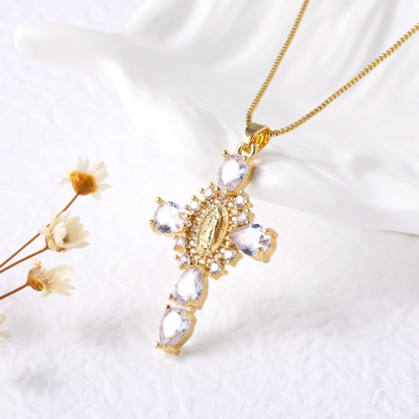 AS jewelry European and American Virgin Mary cross pendant men and women's color zircon necklace nkb462