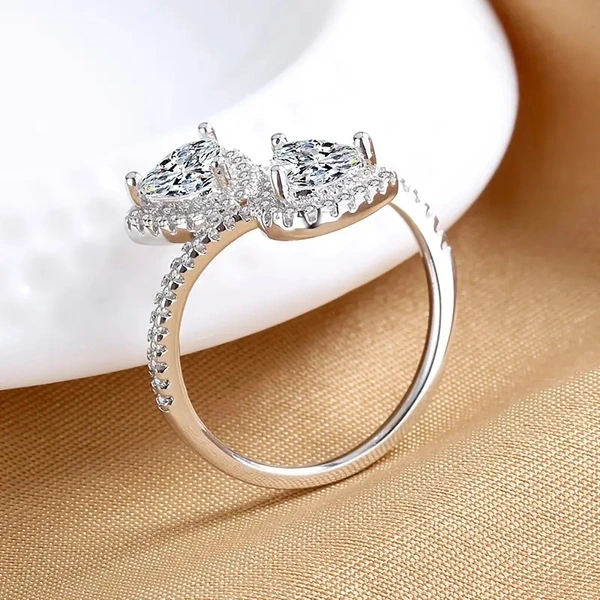 High-end fashion style open ring double heart zircon ring engagement ring true love law aesthetic ring