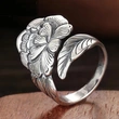  Peony flower open ring for women new retro design ethnic style ring national beauty index finger ring for women