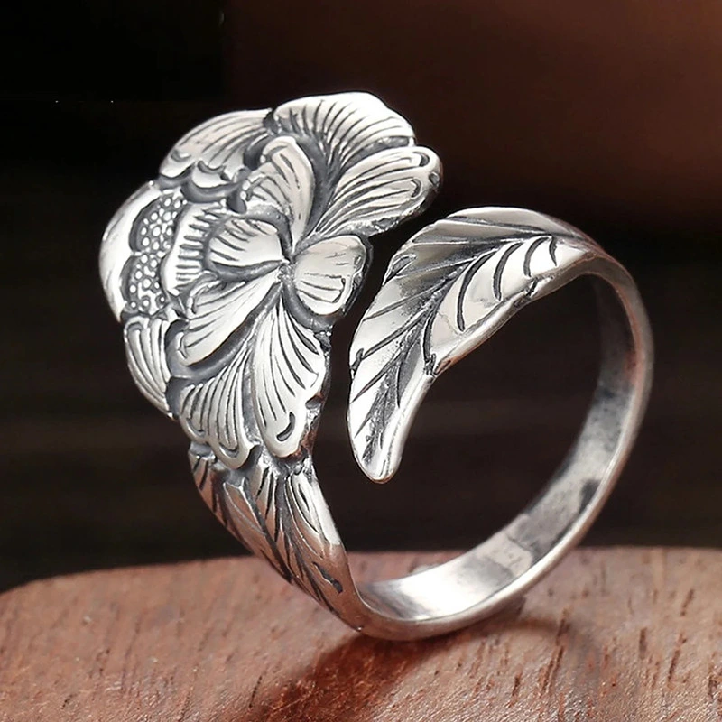  Peony flower open ring for women new retro design ethnic style ring national beauty index finger ring for women
