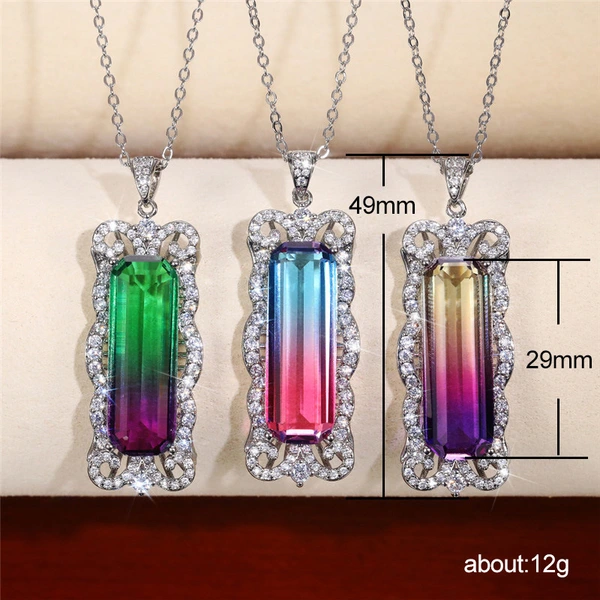 2022 Fashionable New Gradient Color Imitation Gemstone Pendant Necklace Inlaid with Zircon Necklace Party Jewelry
