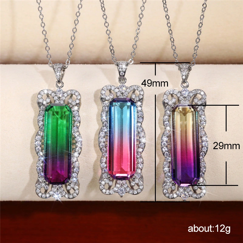 2022 Fashionable New Gradient Color Imitation Gemstone Pendant Necklace Inlaid with Zircon Necklace Party Jewelry