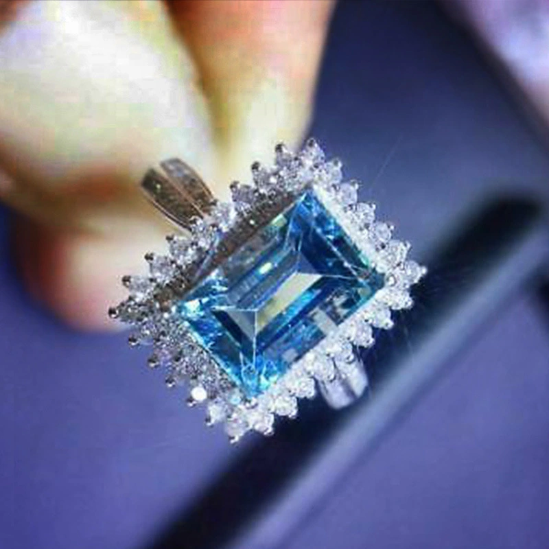 Hot selling luxury square full diamond inlaid sea blue zircon ring luxury bridal ring