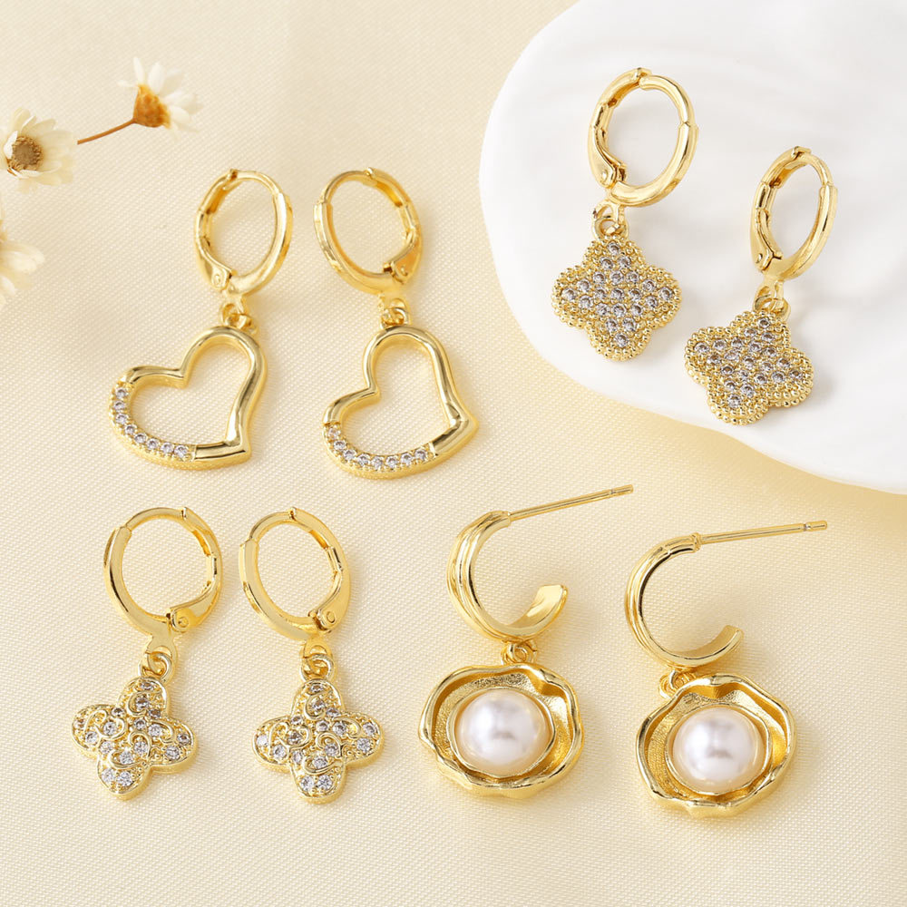 AS jewelry full zircon copper plated real gold four-leaf clover love pearl earrings earrings female erq95
