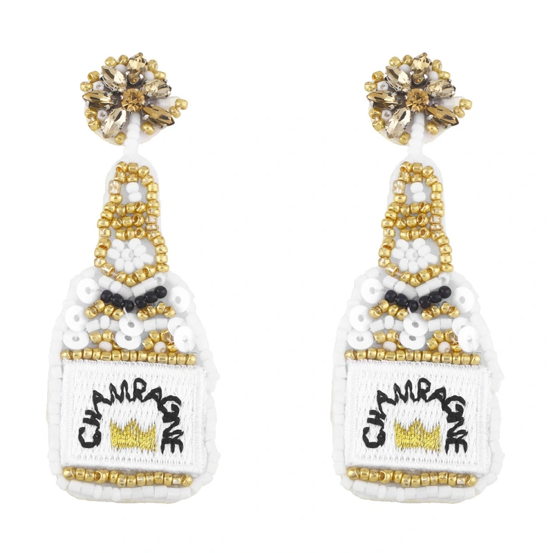 Clearance European and American exaggerated champagne bottle rice bead sequin earrings female embroidered letters CHAMEAGNE earrings ery15