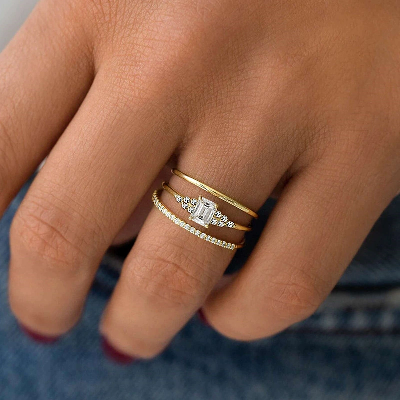  Japanese and Korean e-commerce light luxury style ring three-piece set high-end geometric ring female engagement wedding matching style