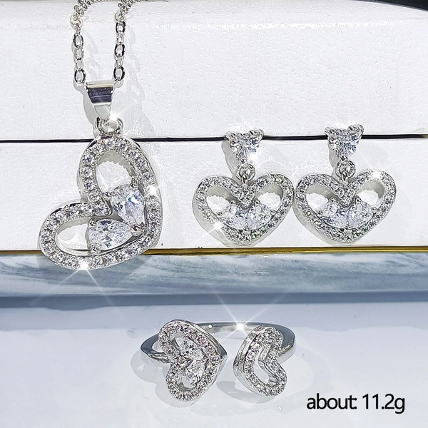 2021 New Arrival Heart Diamond Heart Necklace Set All-match Personalized Heart-shaped Earrings Three-piece Set
