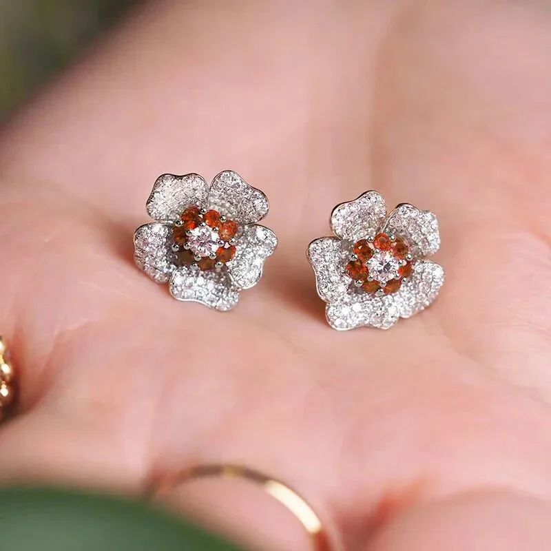 Niche high-end earrings unique French flower diamond-studded temperament trendy earrings popular earrings