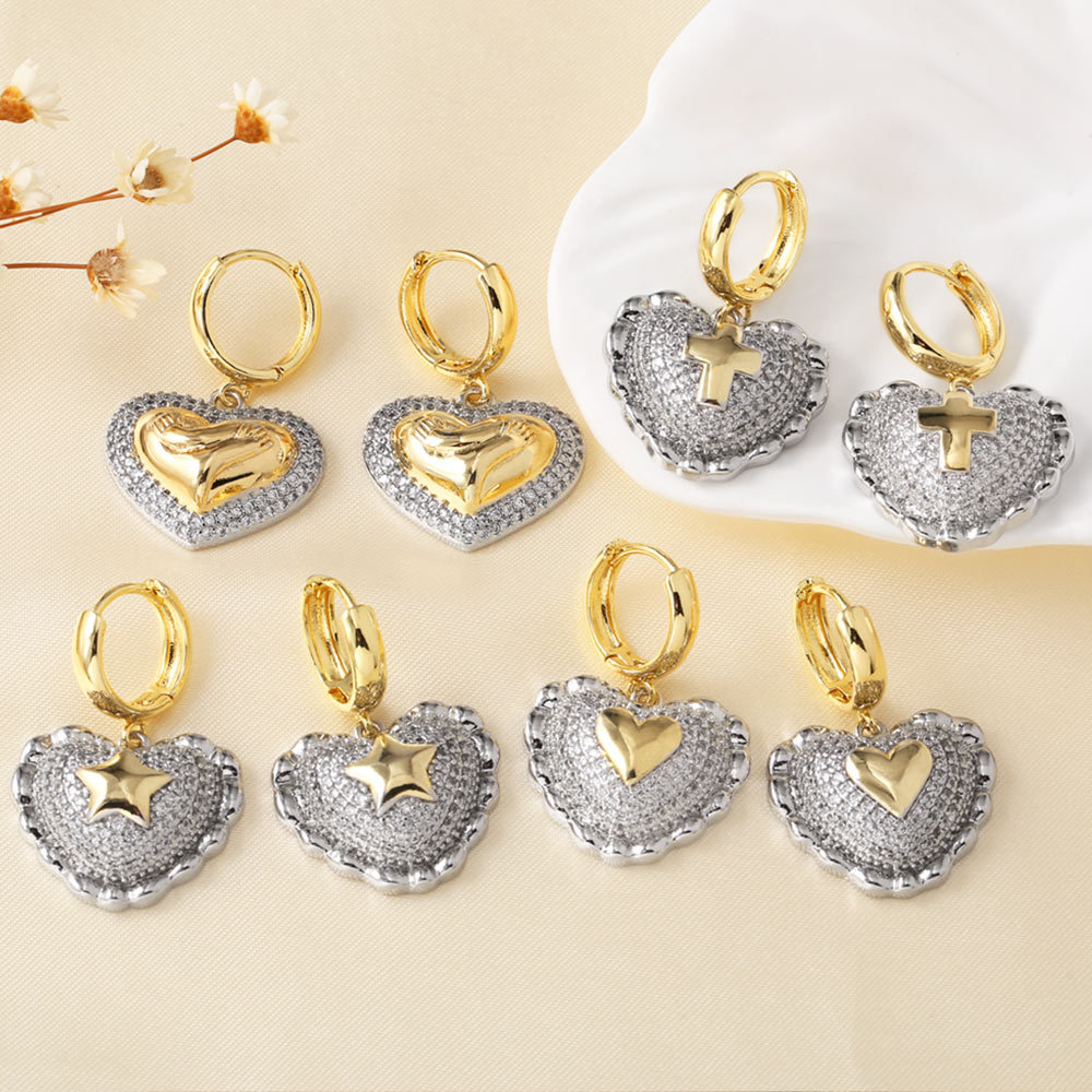 AS jewelry new gold-plated two-color zircon love heart-shaped cross earrings earrings erz20