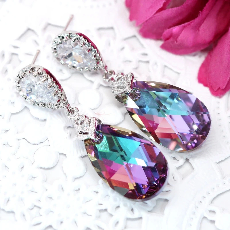 European and American new jewelry set women's colorful crystal glass pendant necklace teardrop earrings wholesale
