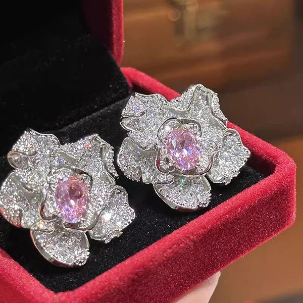 Japanese and Korean live broadcast light luxury earrings for women flower lily jewelry full diamond geometric design jewelry