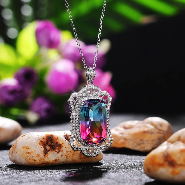 Luxury colored tourmaline pendant hollow palace style gradient color zircon necklace Mother's Day gift