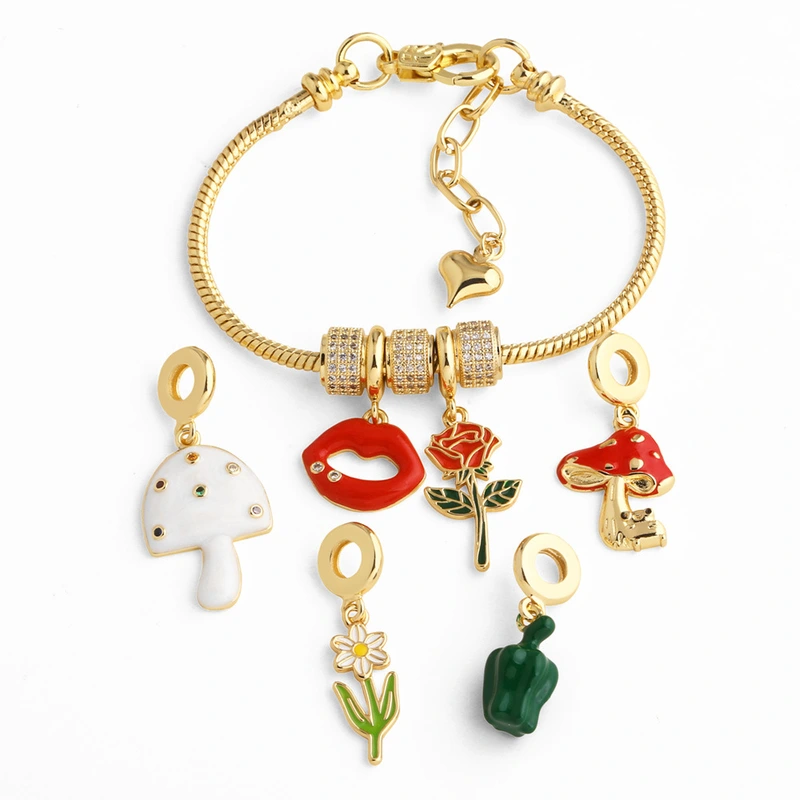 AS jewelry hot selling copper plated real gold diy lips mushroom rose oil drop pendant bracelet brn27
