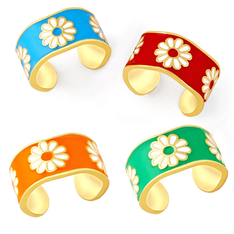 Clearance AS jewelry new retro small daisy open ring personality simple wide version flower ring female rim14