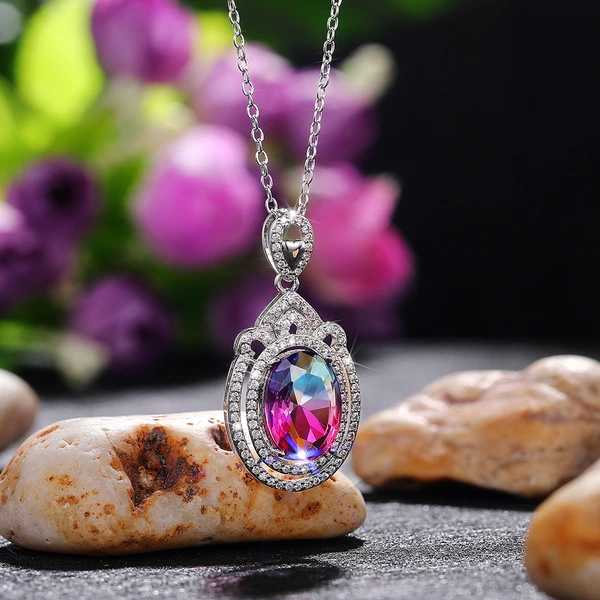 New retro super flash oval zircon pendant female European and American copper inlaid colored zircon necklace